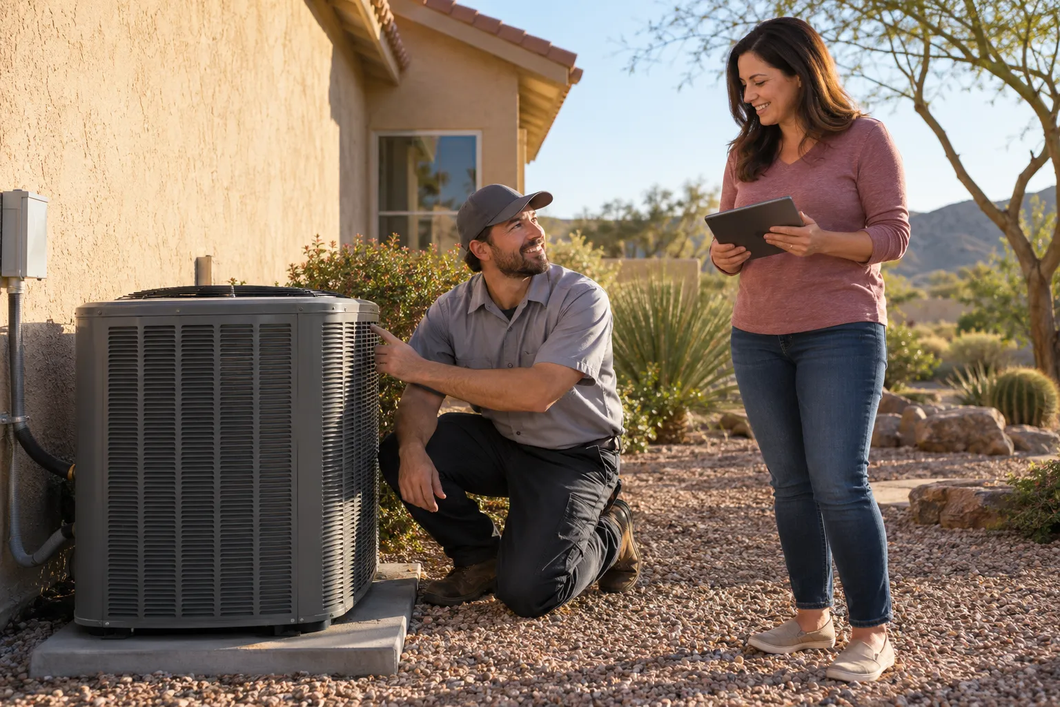 A friendly local HVAC provider checking an outdoor air conditioner beside a stucco ranch home in Oakland