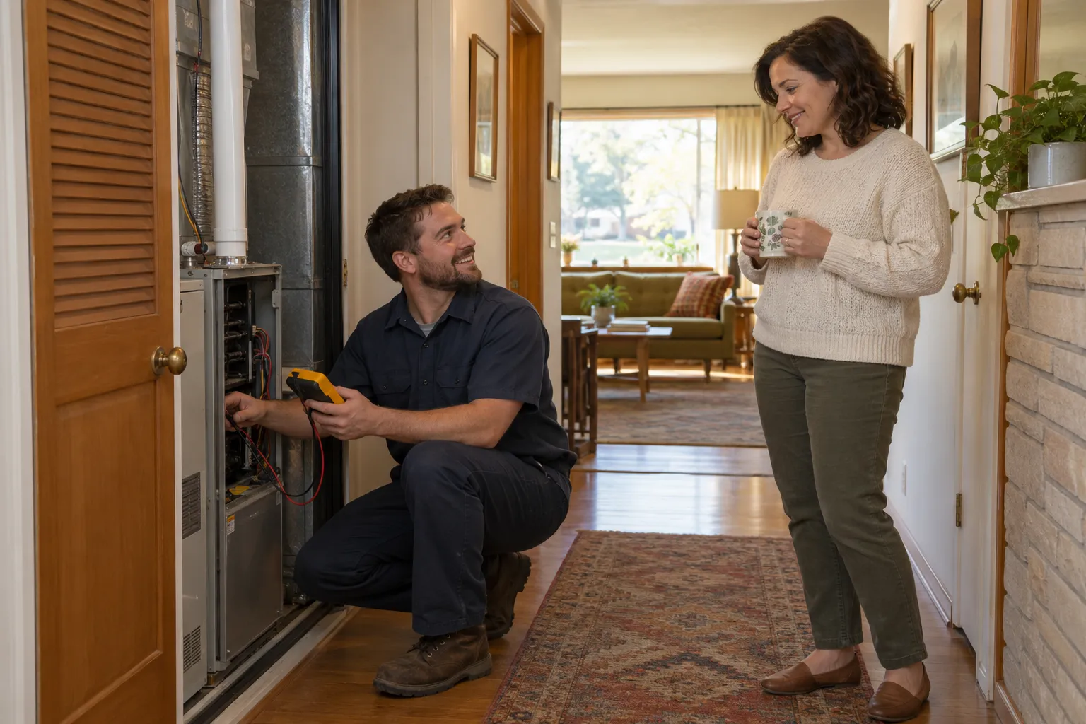A friendly local HVAC provider checking a furnace in a hall closet of a stucco home in Oakland
