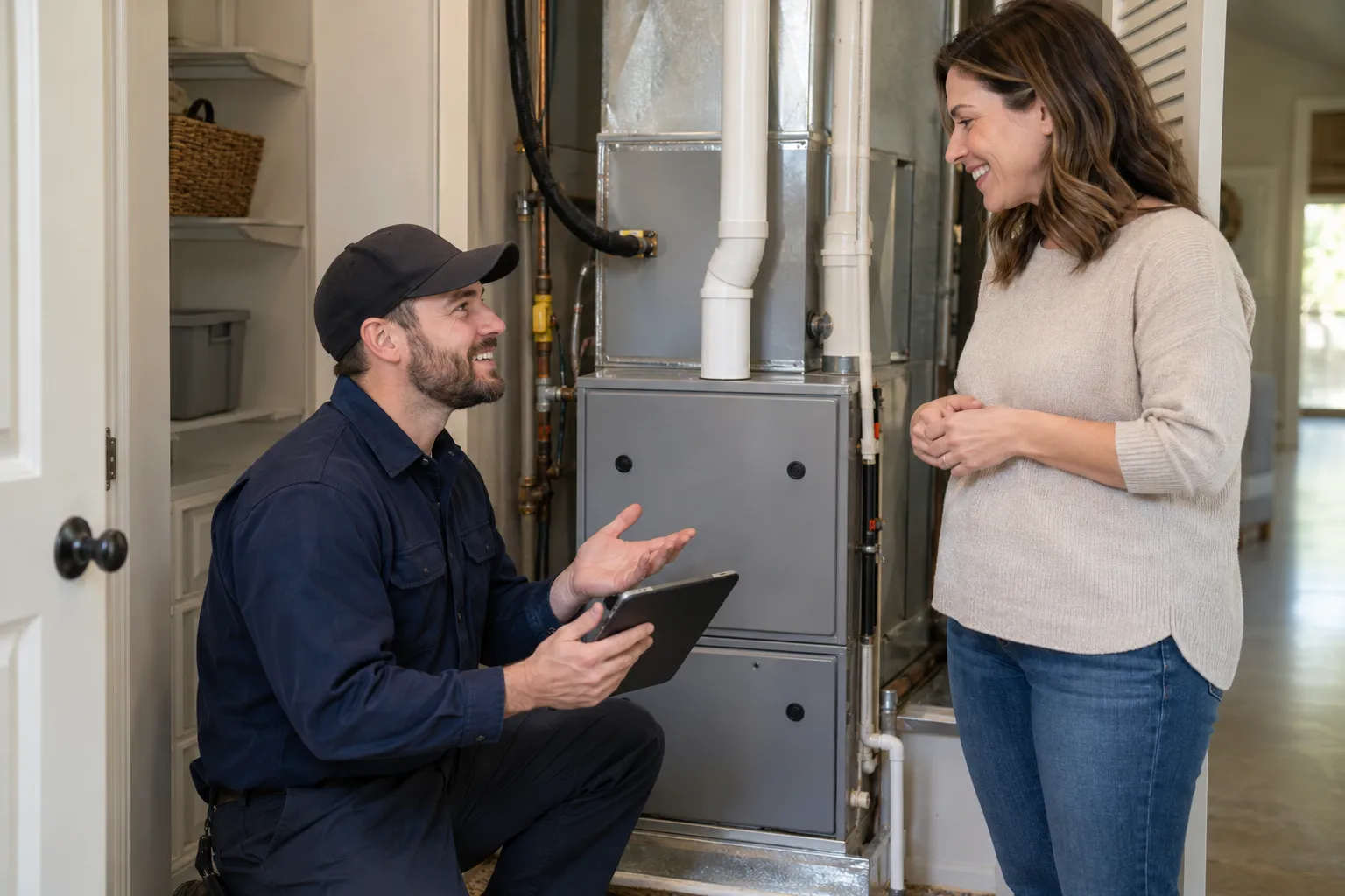 A provider checking a furnace in a the Oakland area home